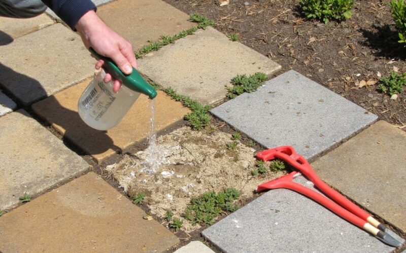 unwanted plants in concrete crevices
