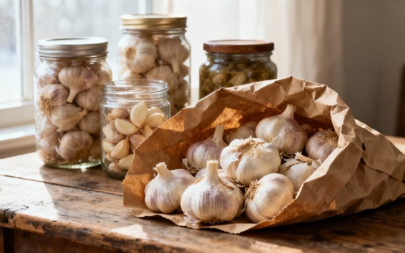 stored garlic in paper bag