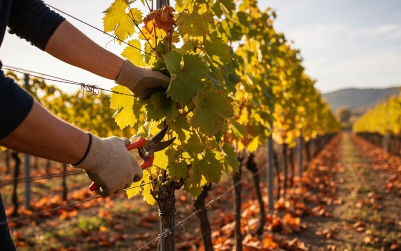 autumn grape leaf pruning