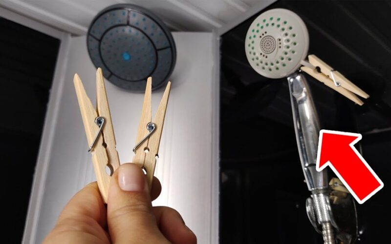 clothespins on shower curtain