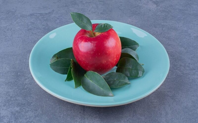 padėkite obuolių griežinėlius su lauro lapu