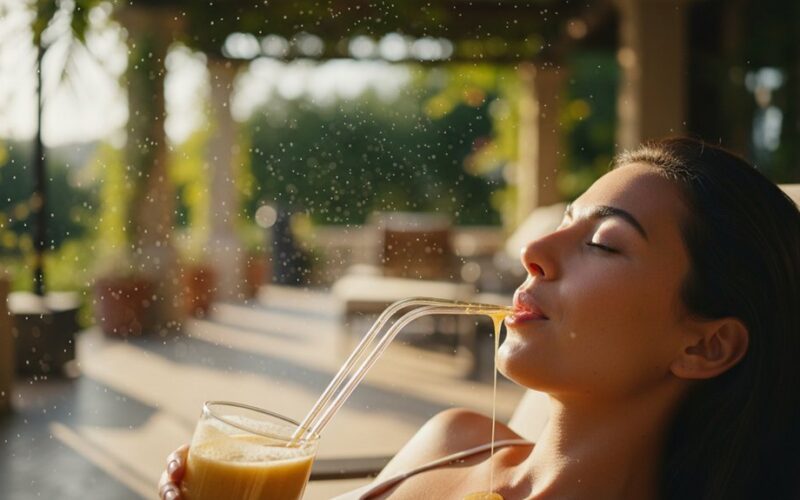 moteris kvėpuoja maistu per šiaudelius