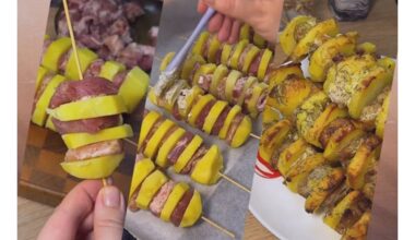 sultingos mėsos įdarytos bulvių šašlykų iešmelės