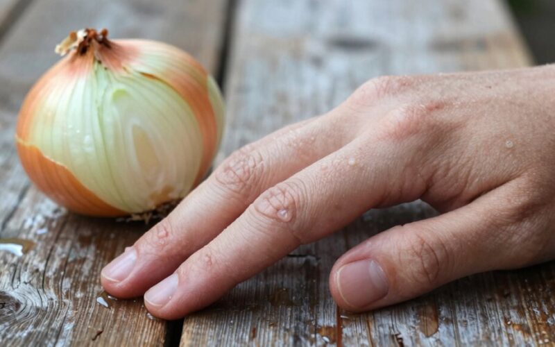 išvalyta ranka su svogūnu