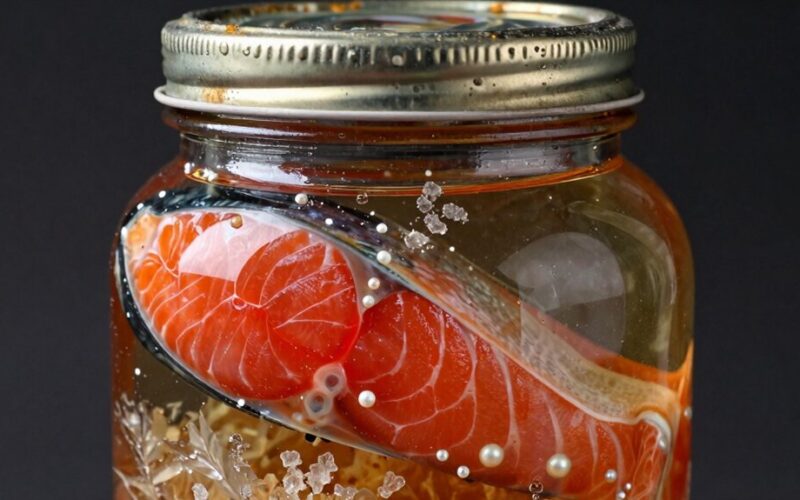 sužalintas lašišos stiklainis