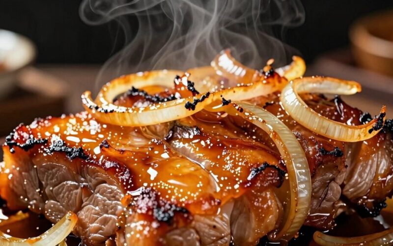 rūgštus svogūninis kiaulienos odelė"