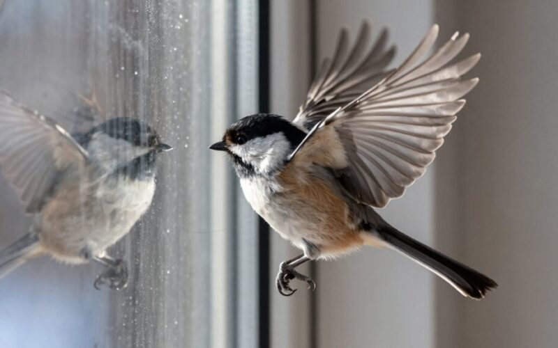 žvirblis zylė trenkiasi į langą