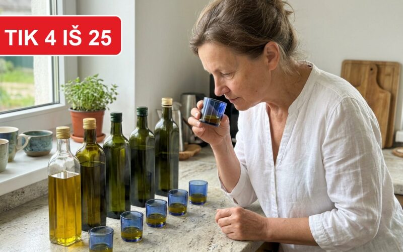 Moteris uosto alyvuogių aliejų iš mėlynos degustacinės stiklinės