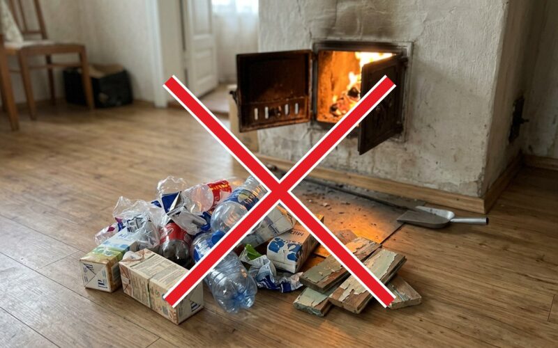 Prie atvertos krosnies sukrauti plastikiniai buteliai ir pakuotės