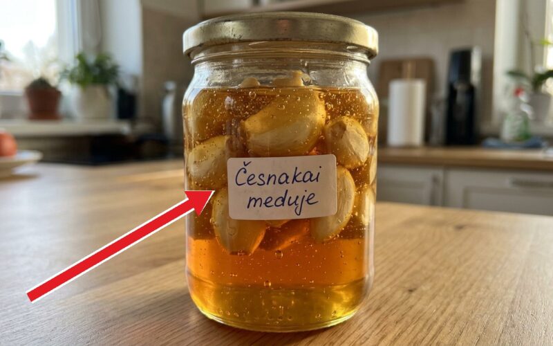 Stiklainis su česnako skiltelėmis meduje ir kylančiais burbuliukais