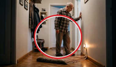 Vyresnis vyras eina koridoriumi pro užsilenkusį kilimėlio kraštą