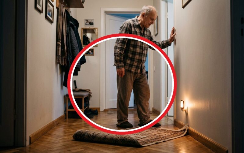 Vyresnis vyras eina koridoriumi pro užsilenkusį kilimėlio kraštą