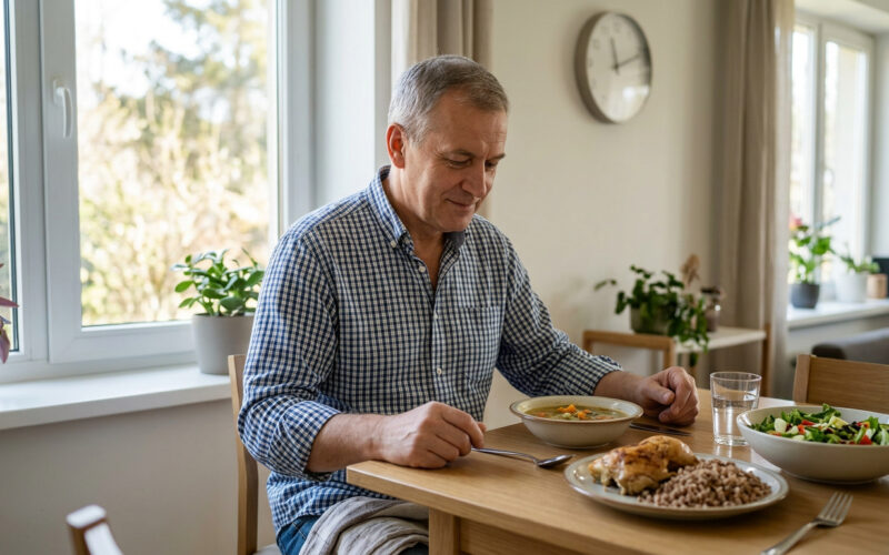 Vyras vidurdienį ramiai pietauja prie stalo, už jo sieninis laikrodis