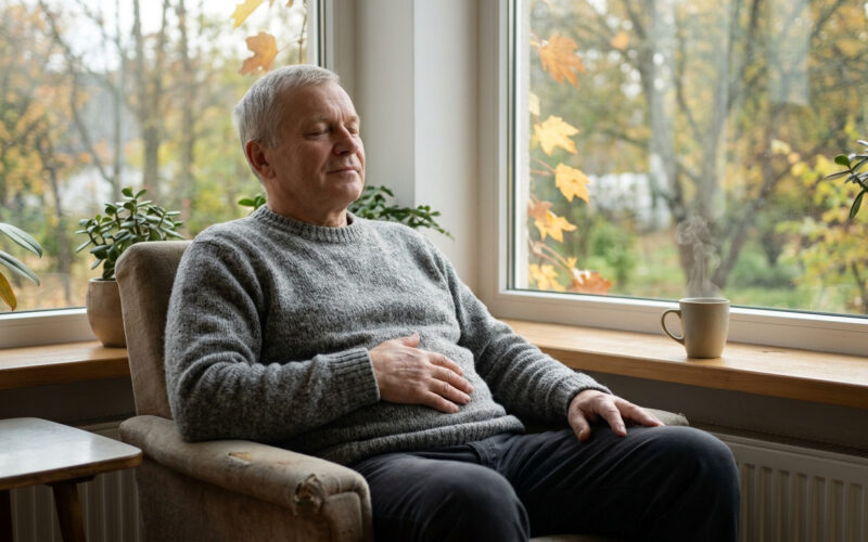 Vyras sėdi prie lango užsimerkęs ir ramiai kvėpuoja
