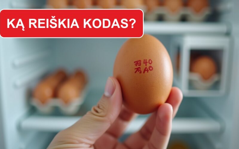 Kiaušinis su atspausdintu kodu prie atviro šaldytuvo