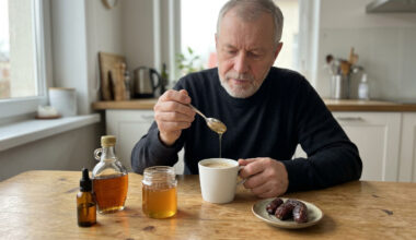 Vyras virš kavos puodelio laiko šaukštelį medaus, šalia sirupas ir datulės