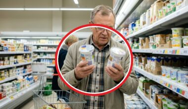 Vyras parduotuvėje lygina dviejų jogurtų etiketes