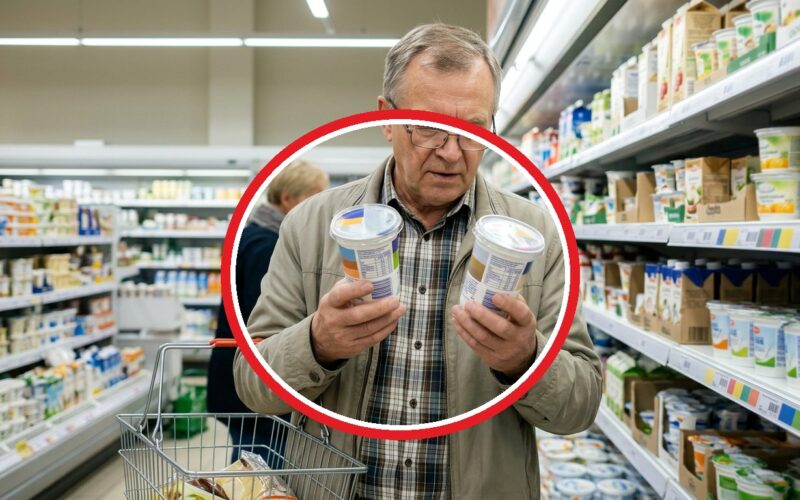 Vyras parduotuvėje lygina dviejų jogurtų etiketes