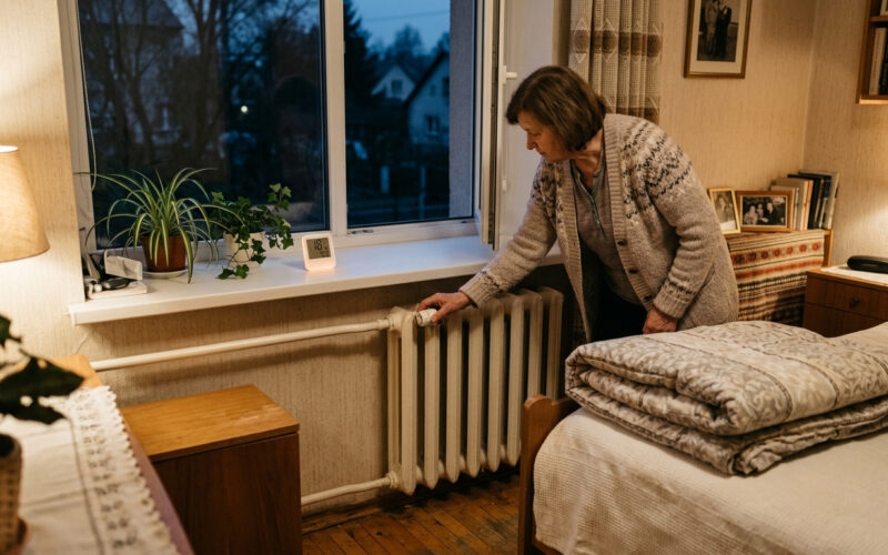 Moteris miegamajame užsuka radiatorių vakare