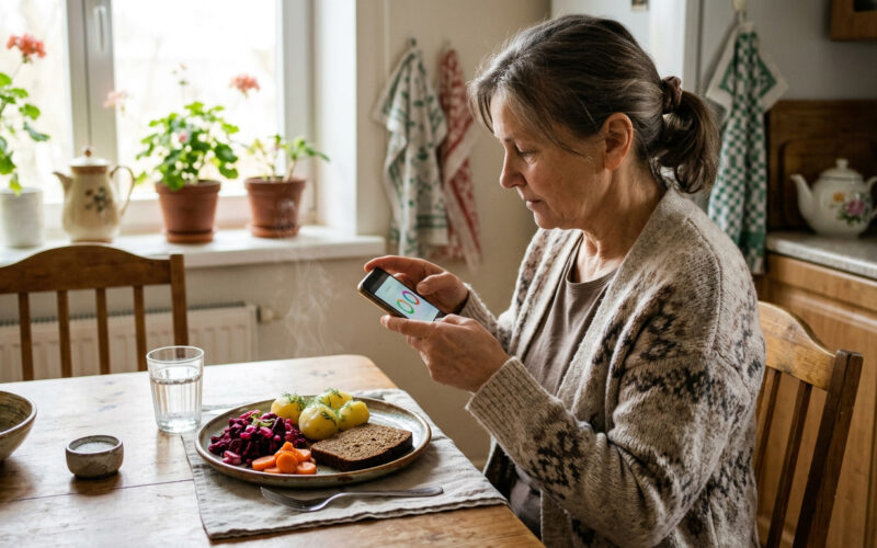 Moteris virtuvėje telefonu fotografuoja savo pietus su daržovėmis