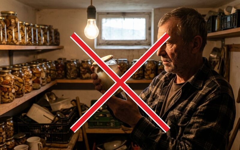 Vyras rūsyje apžiūri stiklainį su išsipūtusiu dangteliu