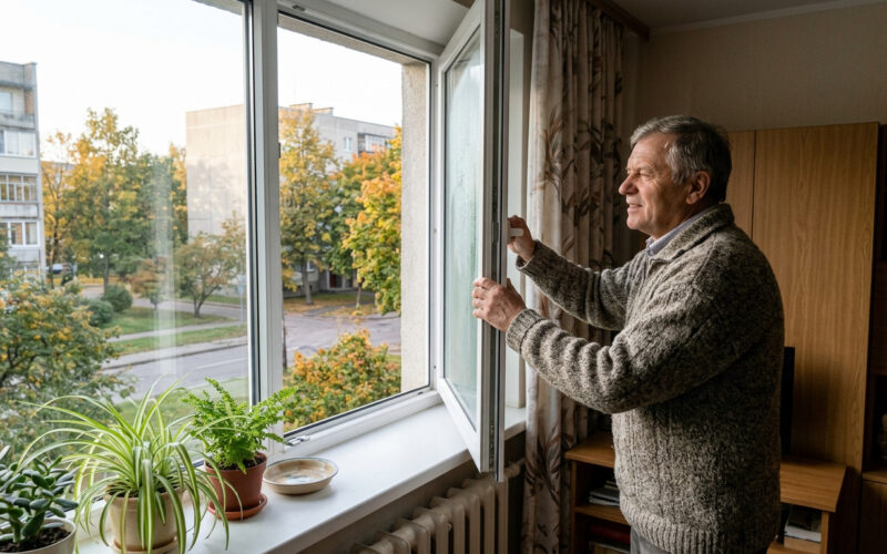 Vyras rytą plačiai atidaro langą vėdinti butą