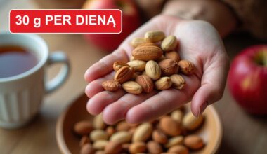 Sauja riešutų delne virš riešutų dubens