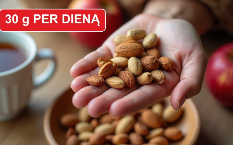 Sauja riešutų delne virš riešutų dubens