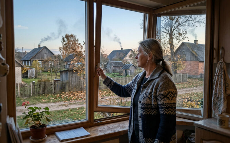 Moteris vakare uždaro langą, už jo – dūmai iš kaimo namų kaminų