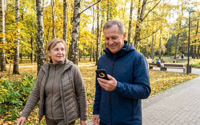 Vyresnis vyras parke žiūri į telefono žingsniamatį
