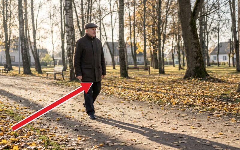 Vyras rudens parke, jo šešėlis daug ilgesnis už jį patį